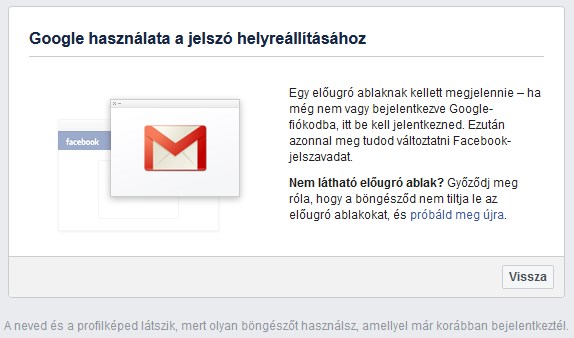 Facebook Google használata a jelszó helyreállításához panel