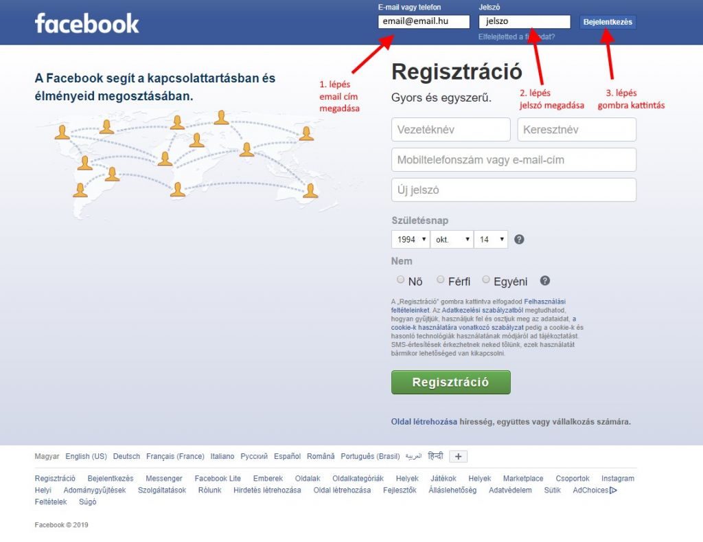 Facebook bejelentkezés a főoldal segítségével, Facebook belépés felhasználónévvel