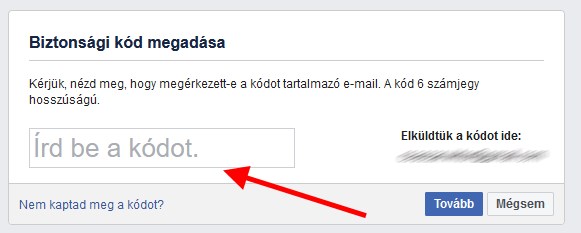 Facebook Biztonsági kód megadása  panel