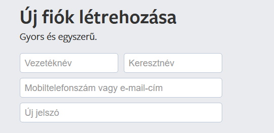 A Facebook regisztráció új néven doboza, itt történik a Facebook új regisztráció