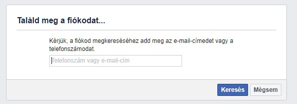 Facebook Találd meg a fiókodat ablak
