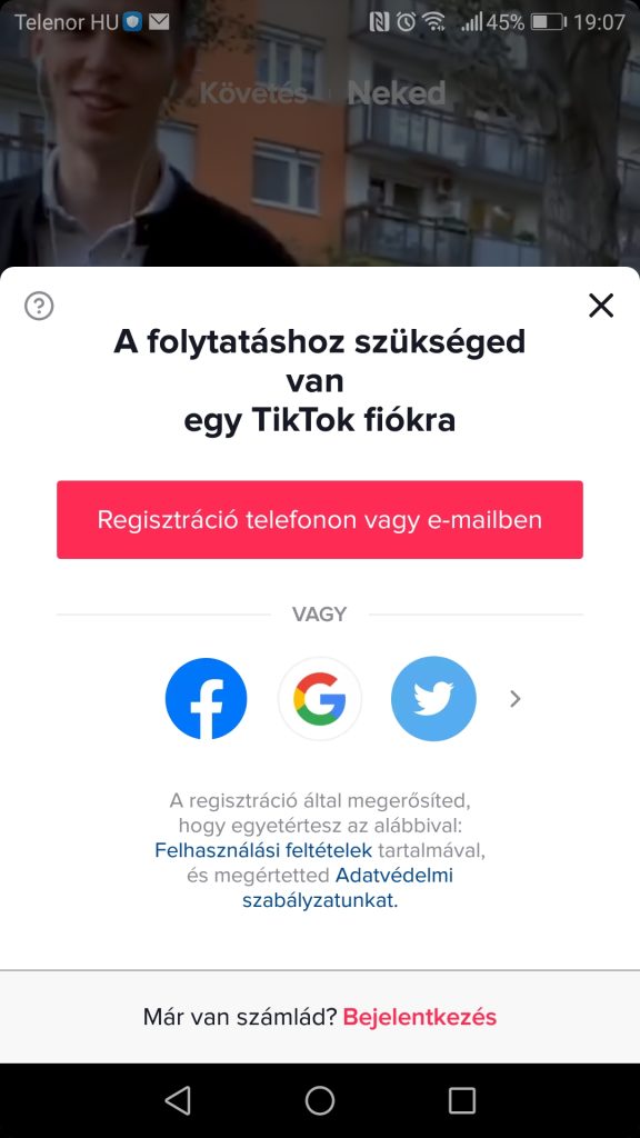 TikTok regisztráció