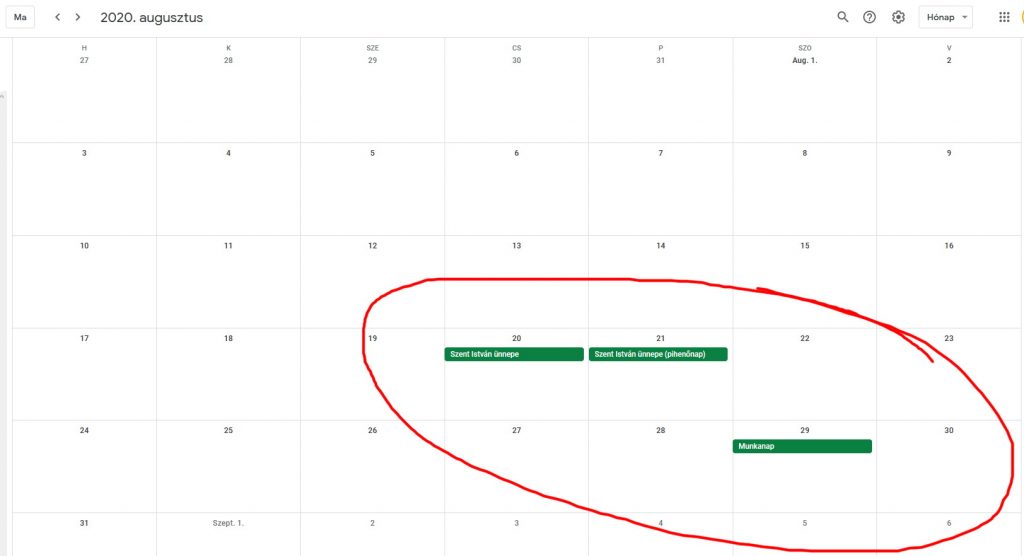 munkaszüneti napok 2020 a Google Calendarban