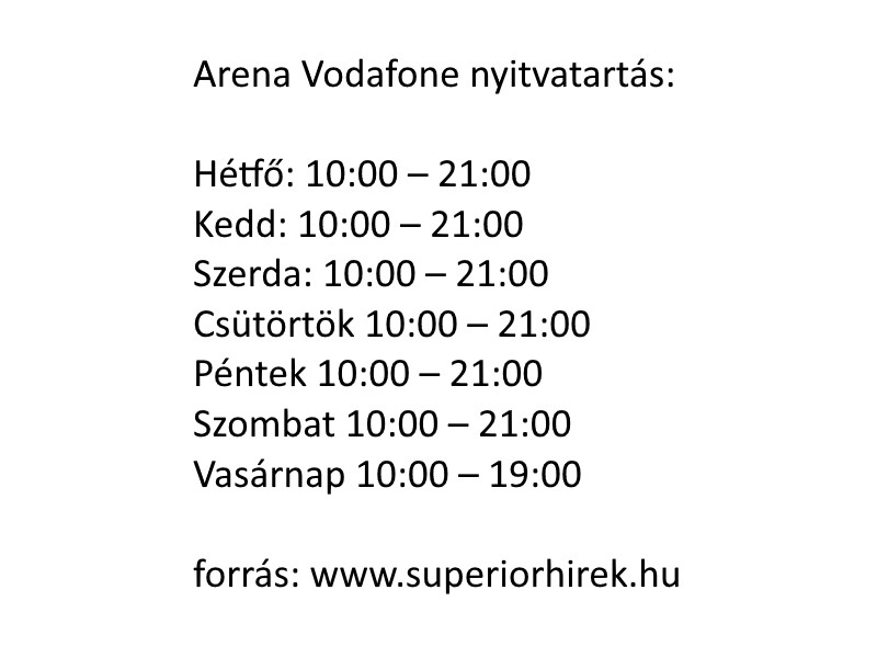 Arena Vodafone nyitvatartás