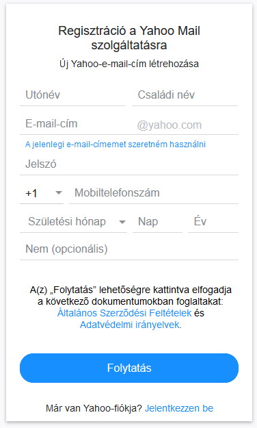 A Yahoo Mail regisztráció felülete